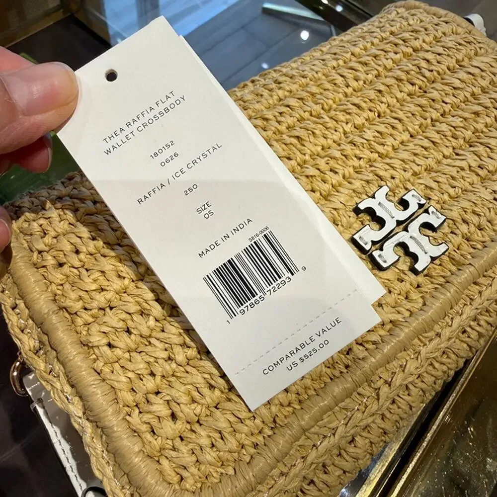 Tory Burch Thea Raffia Flat Wallet Crossbody 180152 Raffia / Ice Crystal $525 - Picture 9 of 9